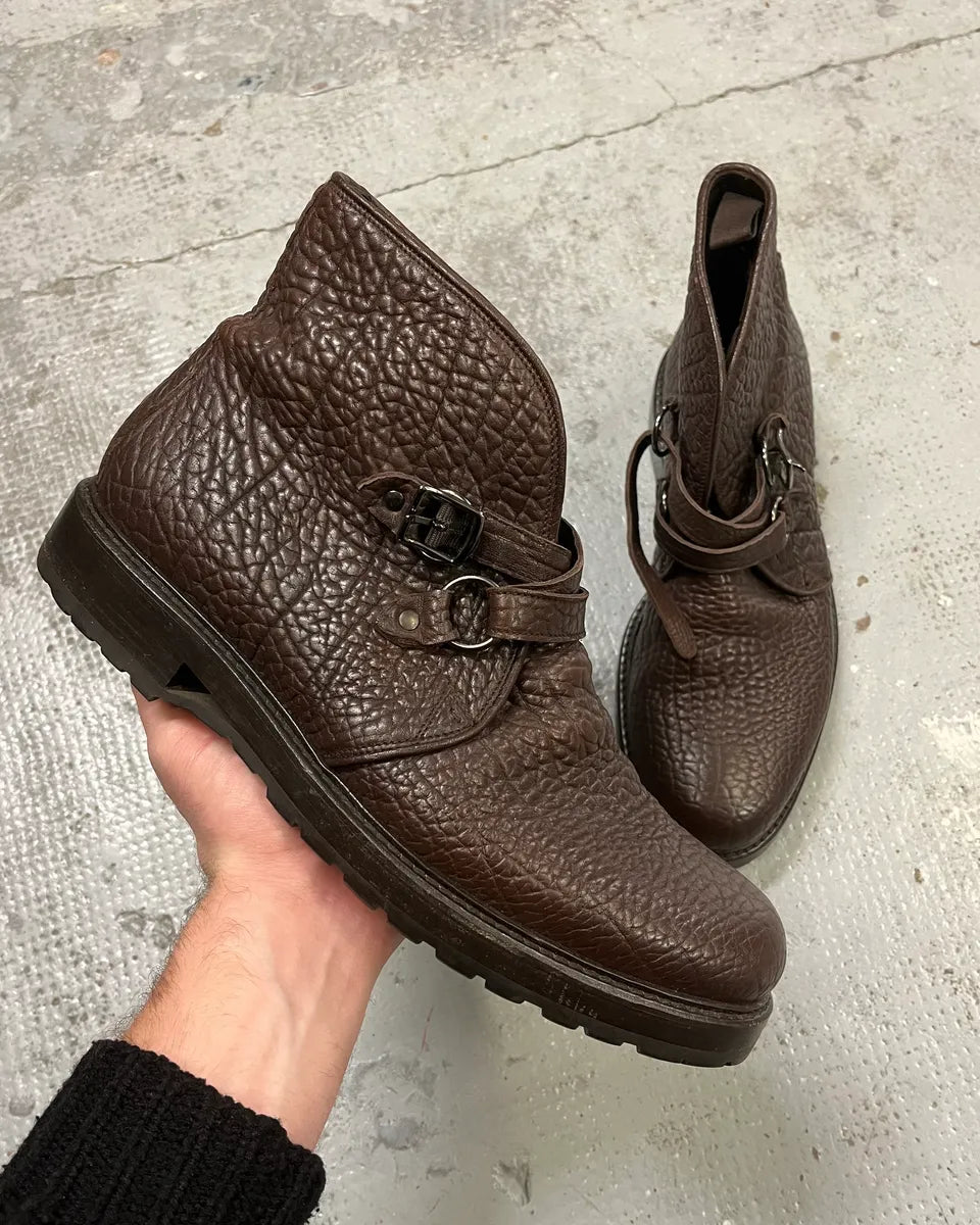 2000s Emporio Armani Grained Brown Leather Straps Boots xDnDcnz 0