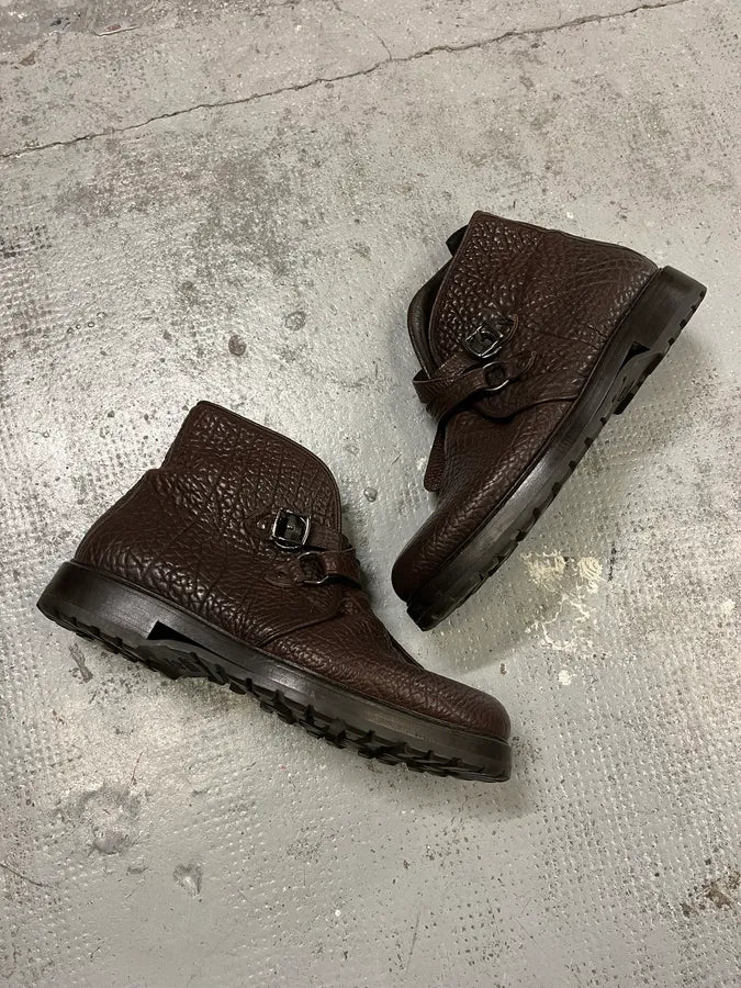 2000s Emporio Armani Grained Brown Leather Straps Boots xDnDcnz 3