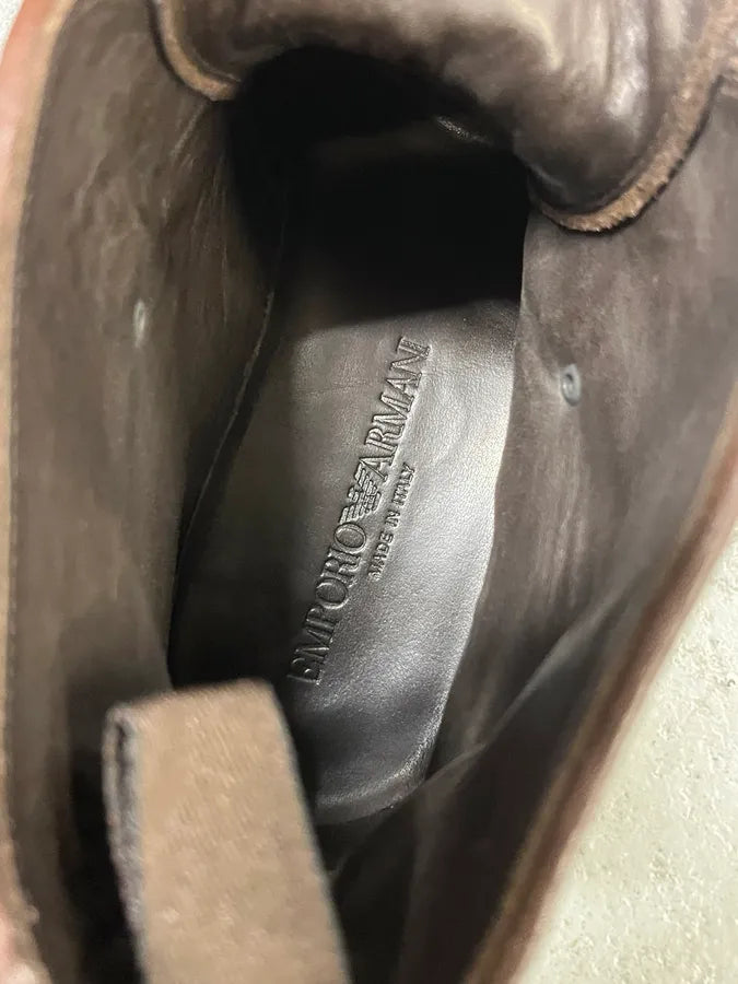2000s Emporio Armani Grained Brown Leather Straps Boots xDnDcnz 7