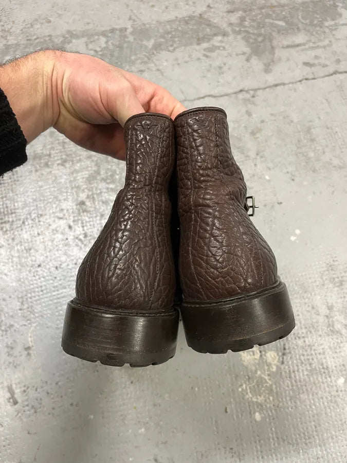 2000s Emporio Armani Grained Brown Leather Straps Boots xDnDcnz 4