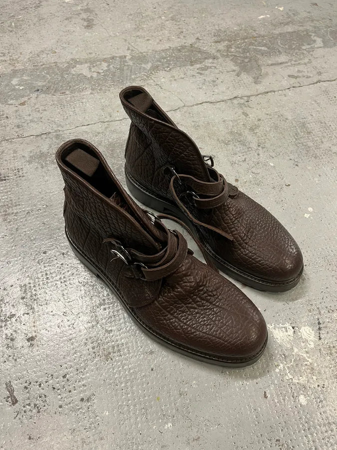 2000s Emporio Armani Grained Brown Leather Straps Boots xDnDcnz 1