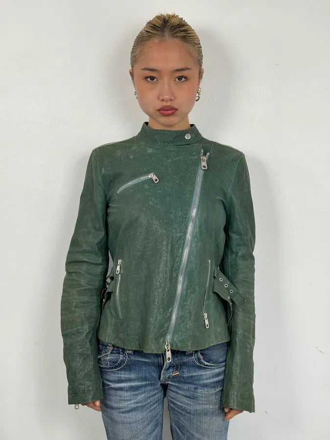 2000s Emporio Armani Green Leather Biker Asymmetrical Jacket TCITlSV 1