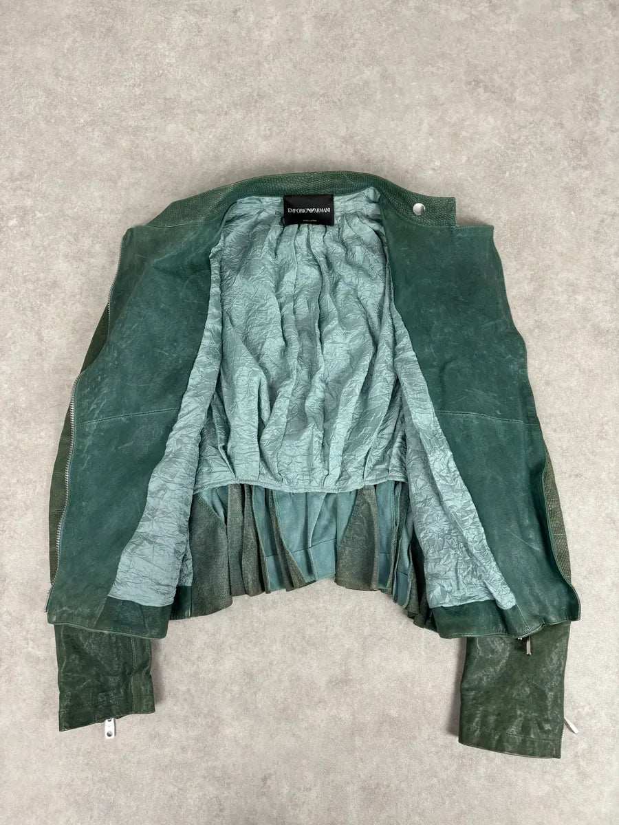 2000s Emporio Armani Green Leather Biker Asymmetrical Jacket TCITlSV 6