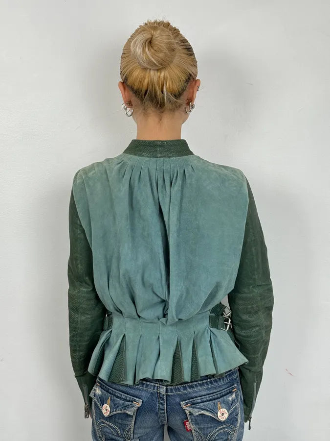 2000s Emporio Armani Green Leather Biker Asymmetrical Jacket TCITlSV 2