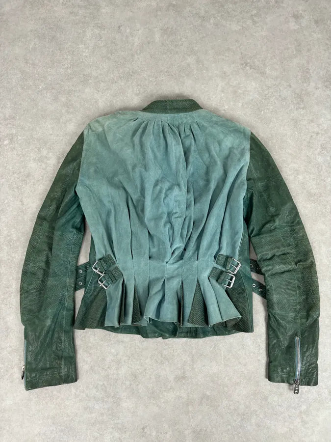 2000s Emporio Armani Green Leather Biker Asymmetrical Jacket TCITlSV 4