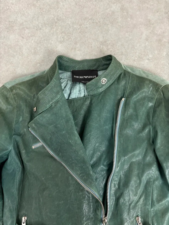 2000s Emporio Armani Green Leather Biker Asymmetrical Jacket TCITlSV 7