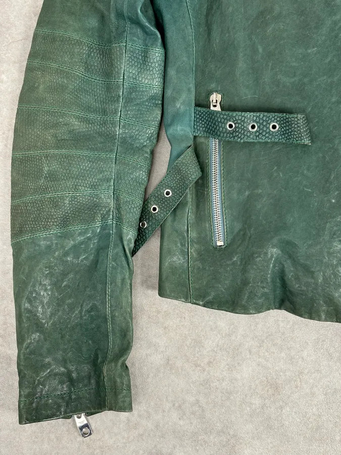 2000s Emporio Armani Green Leather Biker Asymmetrical Jacket TCITlSV 8