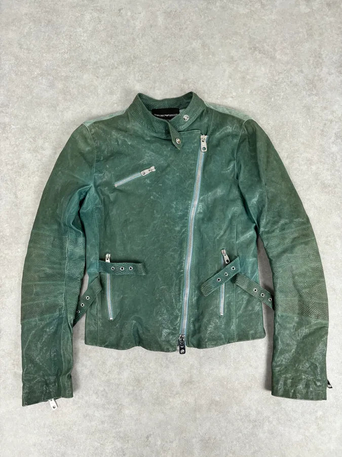 2000s Emporio Armani Green Leather Biker Asymmetrical Jacket TCITlSV 0