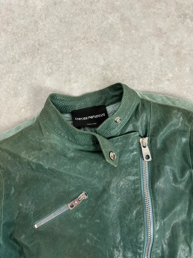2000s Emporio Armani Green Leather Biker Asymmetrical Jacket TCITlSV 3
