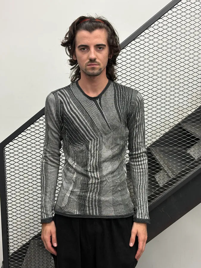 2000s Emporio Armani Grey Geometric Lines Wool Sweater TqanPTn 1