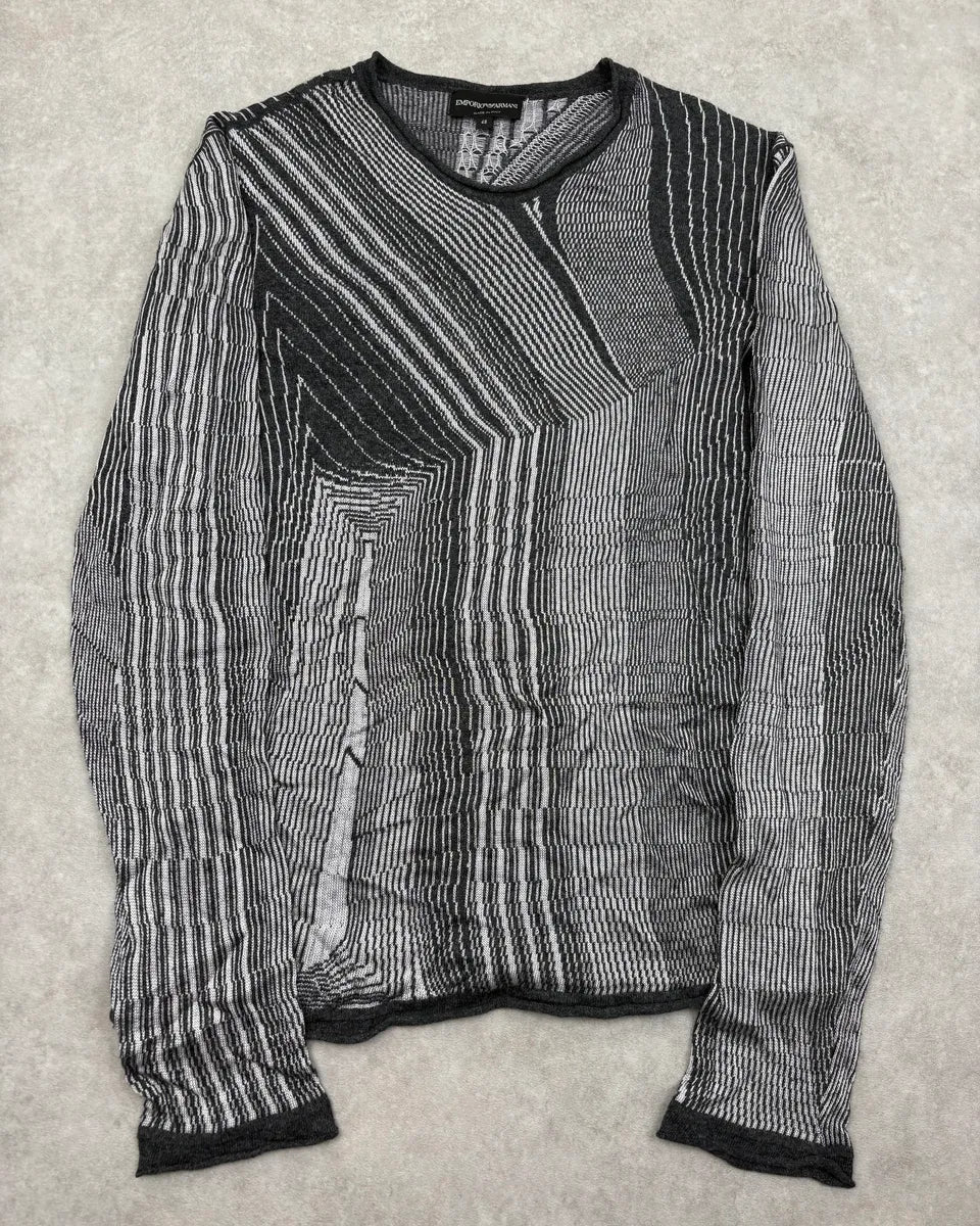 2000s Emporio Armani Grey Geometric Lines Wool Sweater TqanPTn 0
