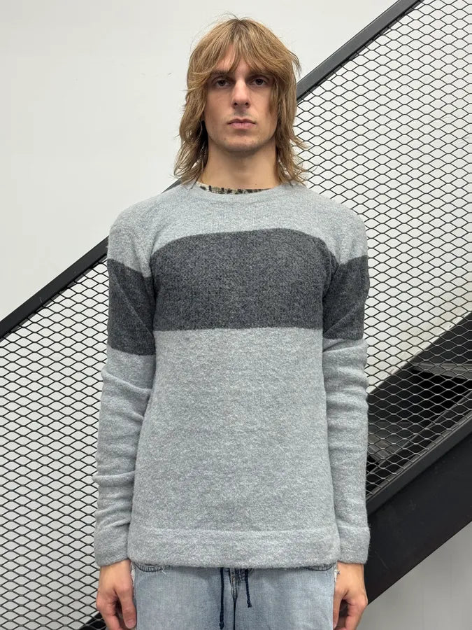 AW2021 Emporio Armani Grey Striped Knit Sweater QCjTtoM 0