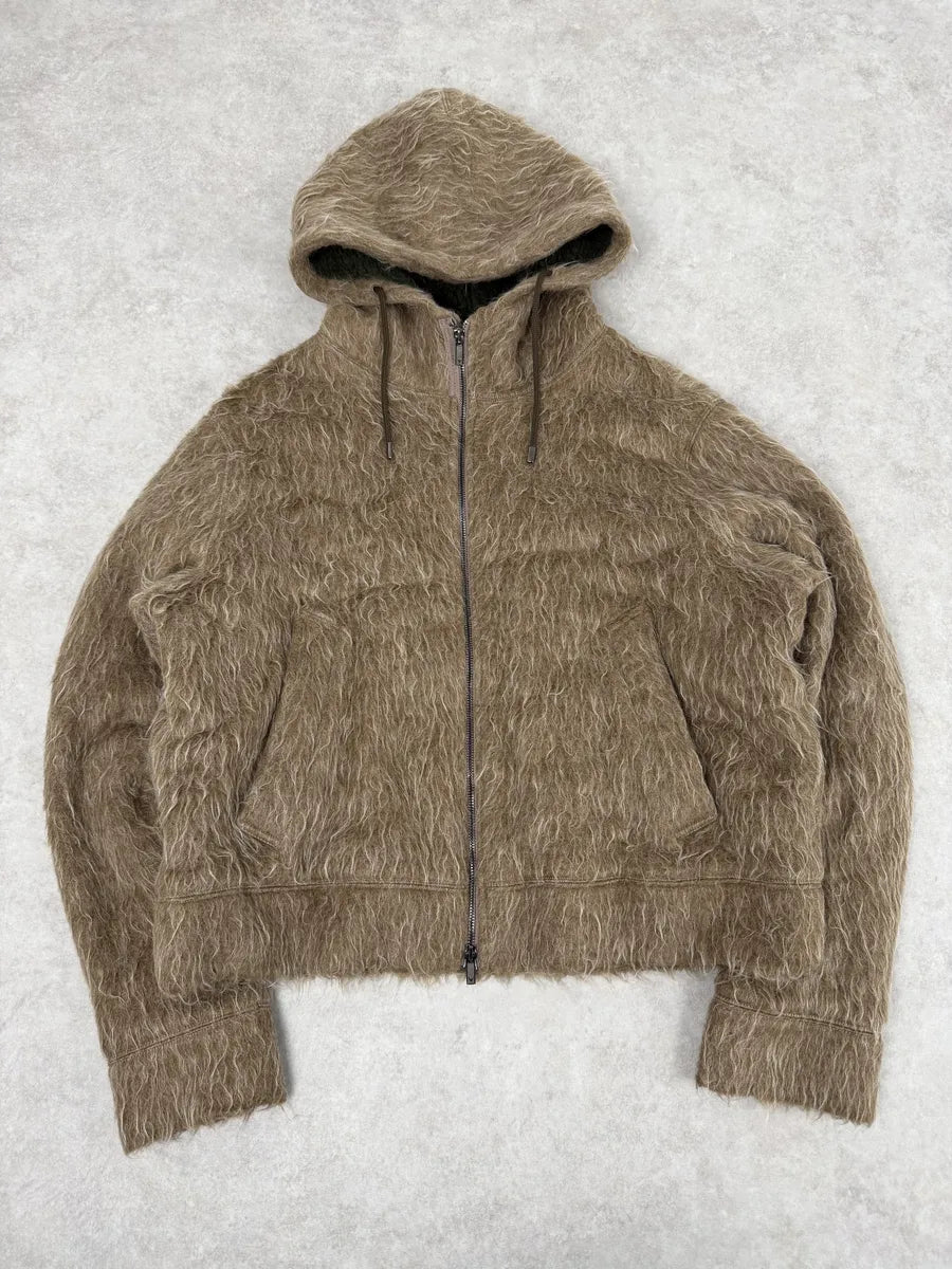 2000s Emporio Armani Mohair Beige Faux Fur Hooded Jacket uIINtXk 5