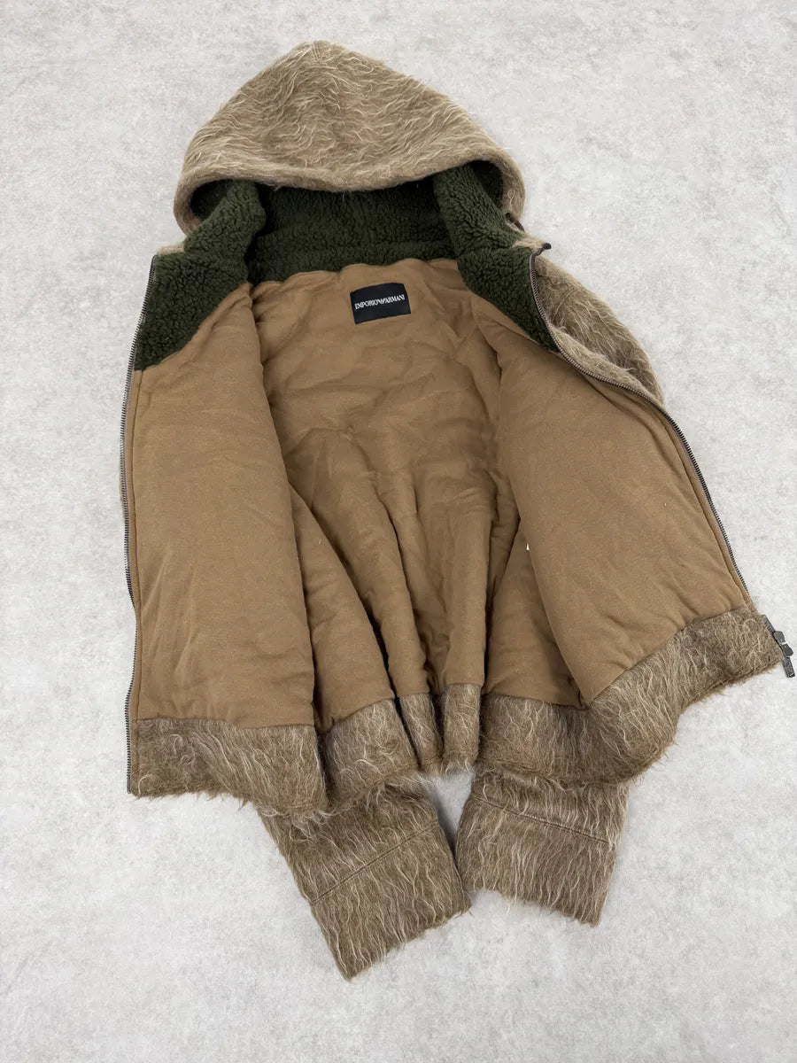 2000s Emporio Armani Mohair Beige Faux Fur Hooded Jacket uIINtXk 8