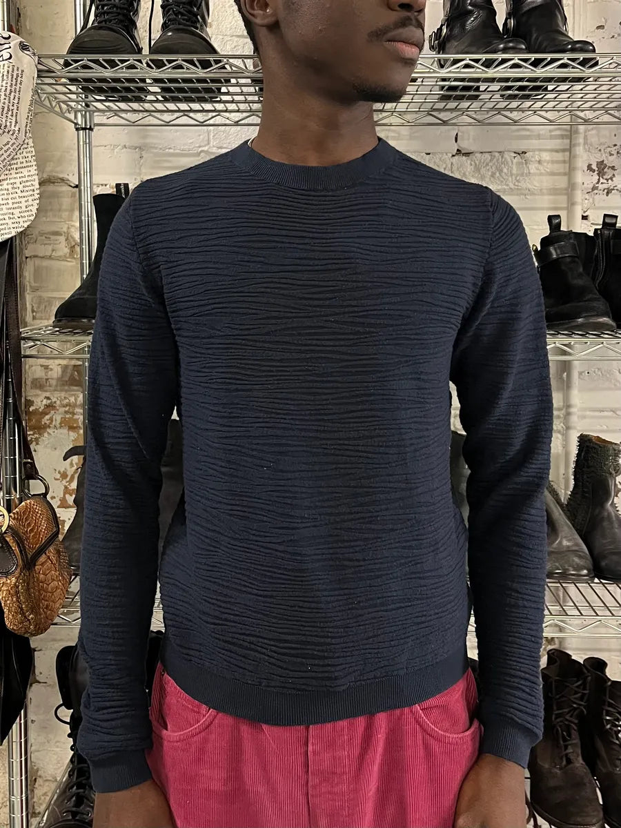 2000s Emporio Armani Navy Pleats Sweater gfjZTKs 7