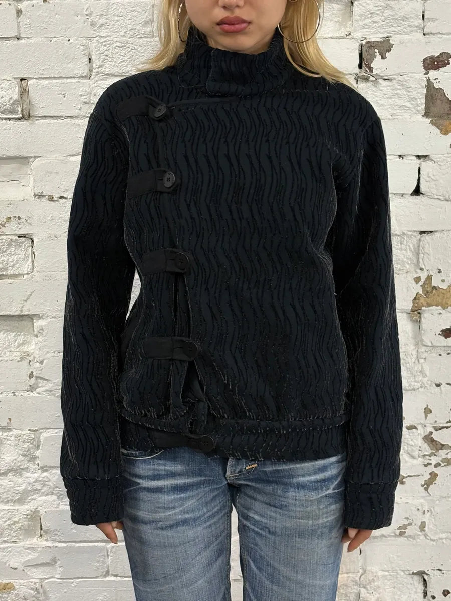 2000s Emporio Armani Navy Velvet Asymmetrical Imperial Jacket uisvAFW 1