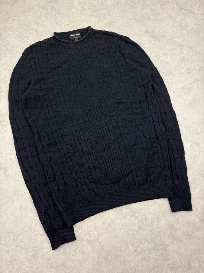 2000s Giorgio Armani Navy Waffled Sweater urYdZdv 3
