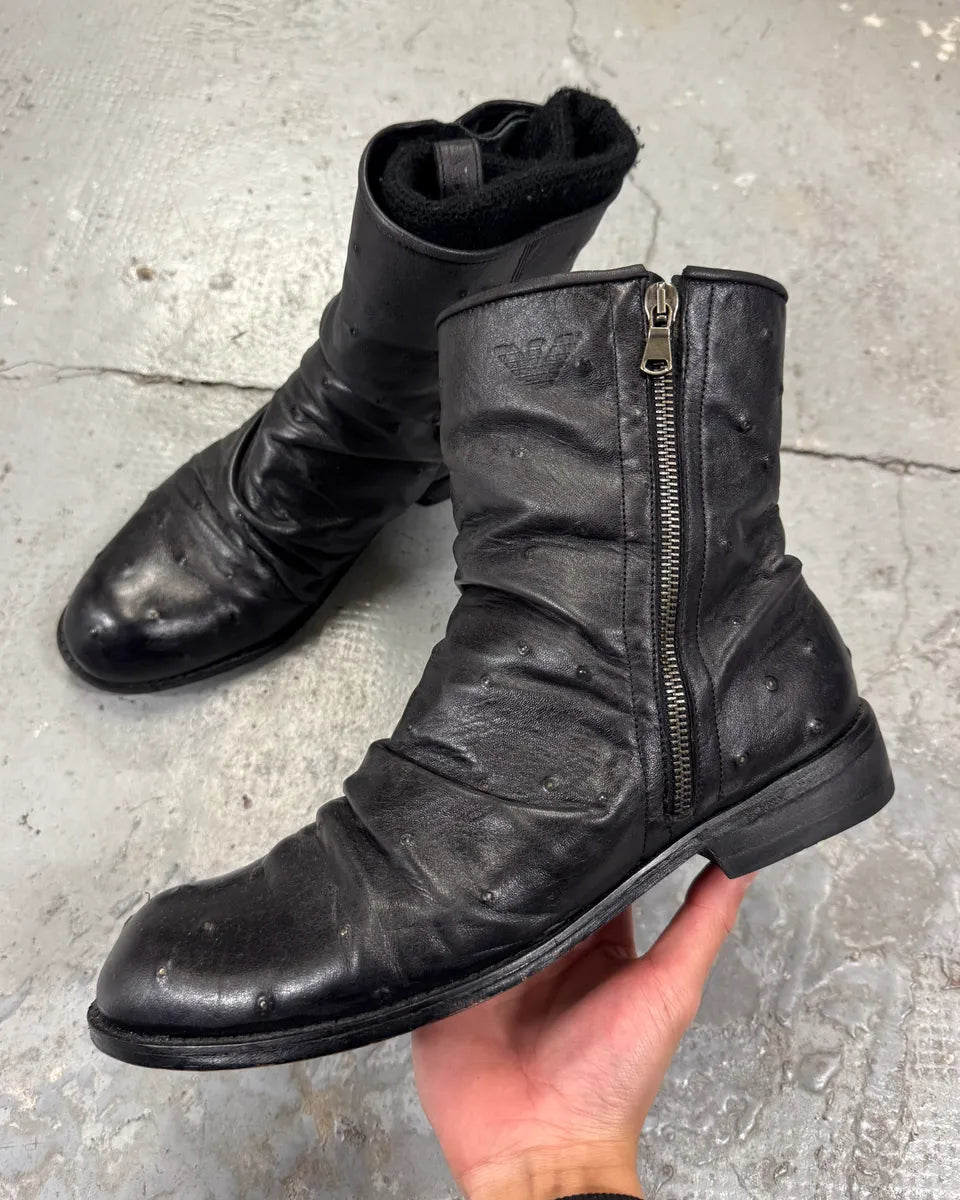 2000s Emporio Armani Ostrich Embossed Black Leather Boots (42eu/us8.5) 0