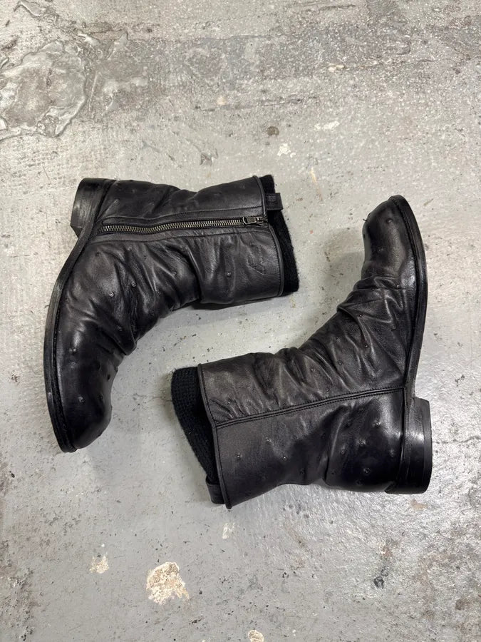 2000s Emporio Armani Ostrich Embossed Black Leather Boots (42eu/us8.5) 1