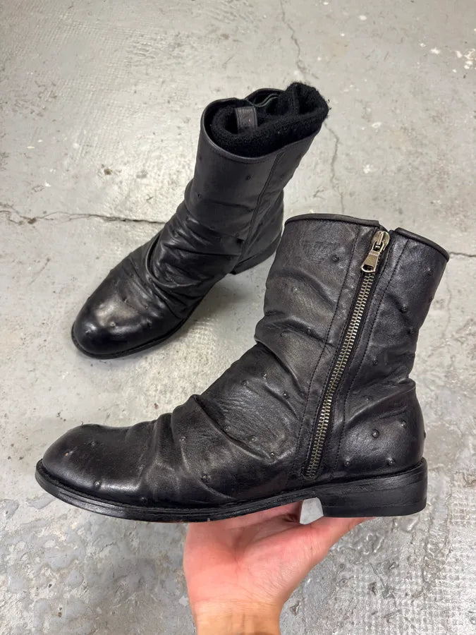 2000s Emporio Armani Ostrich Embossed Black Leather Boots (42eu/us8.5) 2