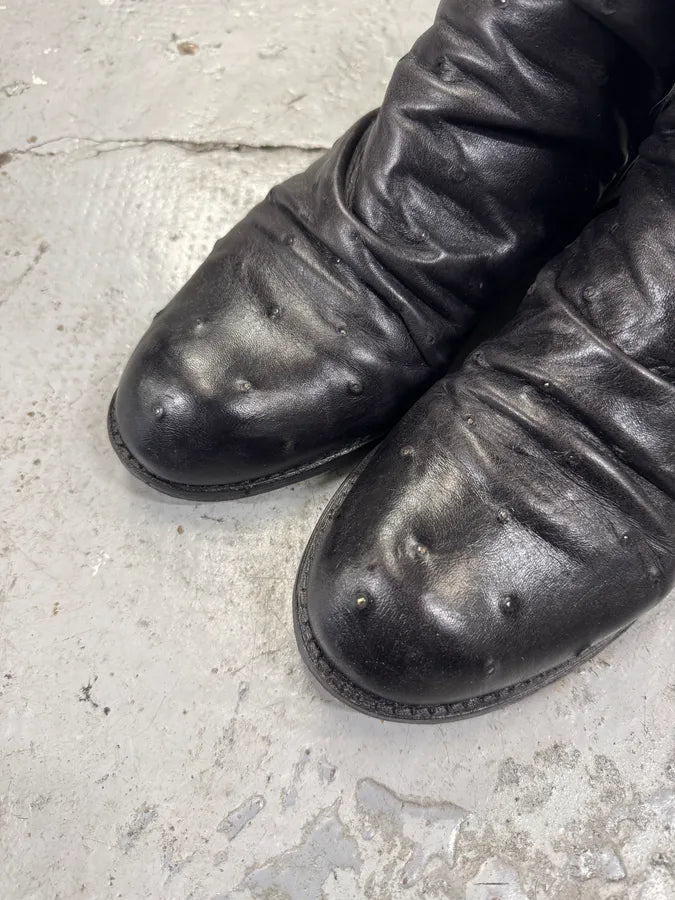 2000s Emporio Armani Ostrich Embossed Black Leather Boots (42eu/us8.5) 3
