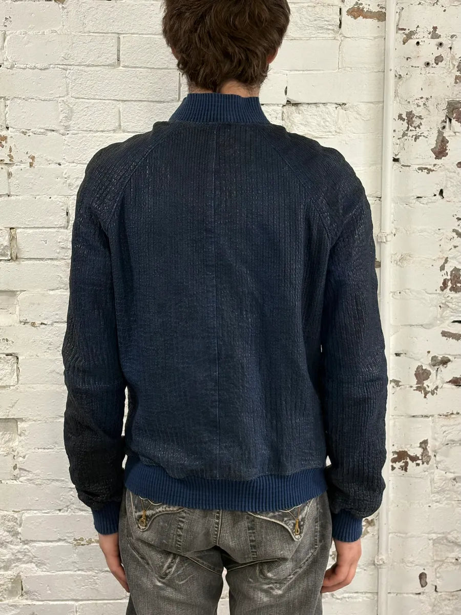 2000s Emporio Armani Perforated Navy Leather Bomber Jacket LtFePaR 1