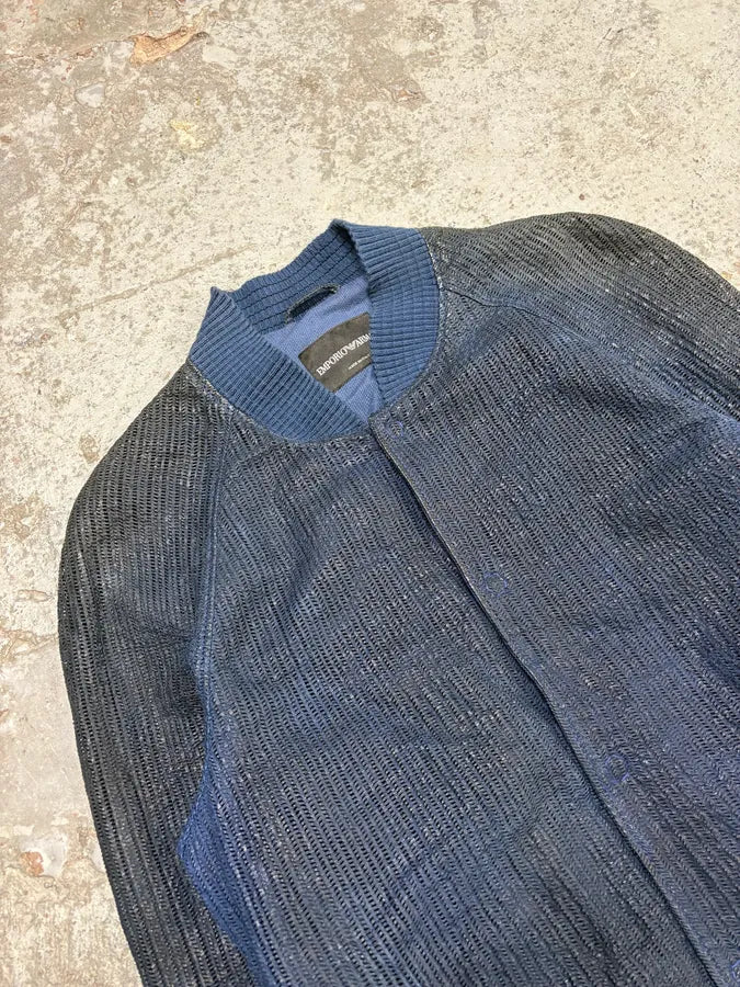 2000s Emporio Armani Perforated Navy Leather Bomber Jacket LtFePaR 4