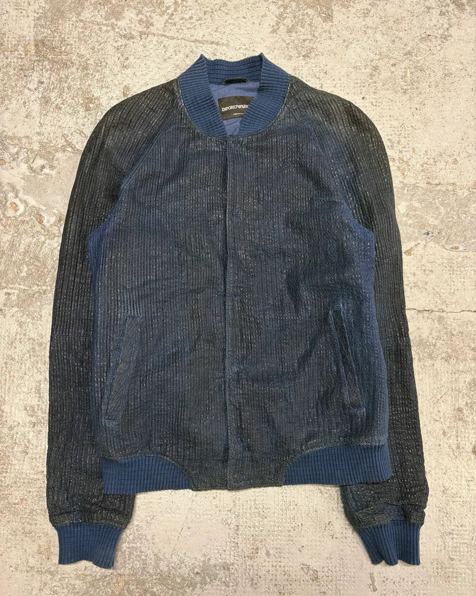 2000s Emporio Armani Perforated Navy Leather Bomber Jacket LtFePaR 2