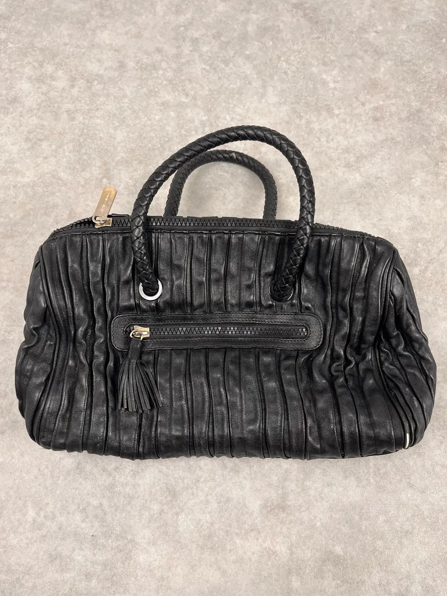 2000s Emporio Armani Pleats Black Leather Handle Bag KFnEgBs 1