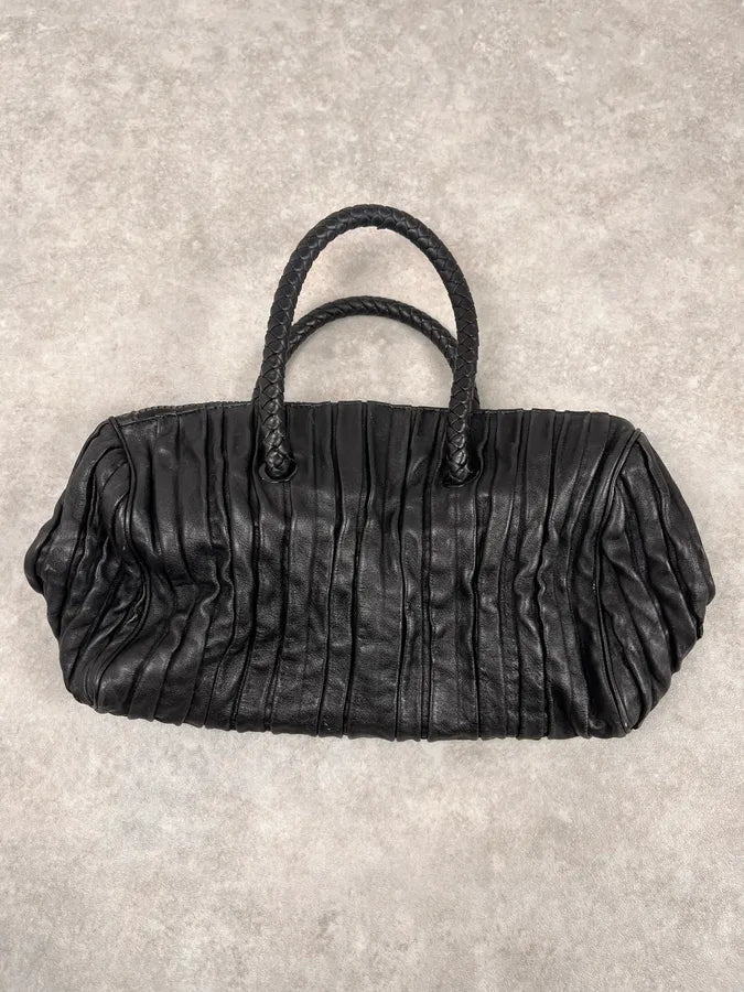2000s Emporio Armani Pleats Black Leather Handle Bag KFnEgBs 5
