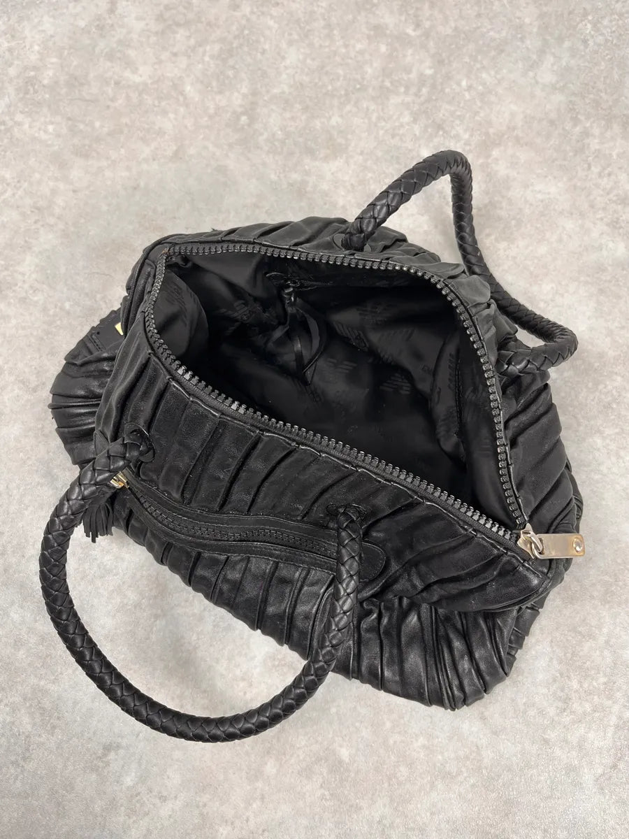 2000s Emporio Armani Pleats Black Leather Handle Bag KFnEgBs 6