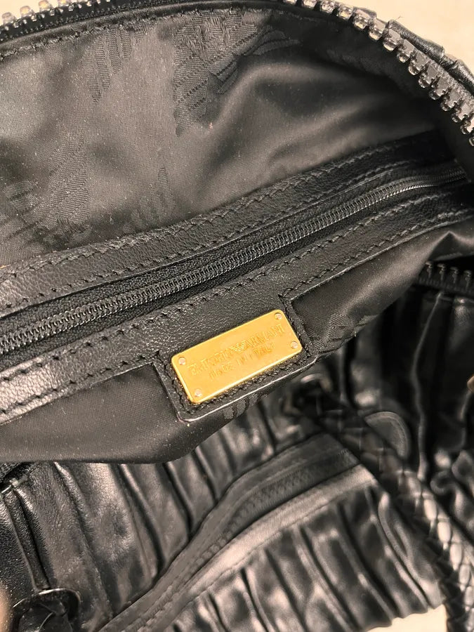 2000s Emporio Armani Pleats Black Leather Handle Bag KFnEgBs 7