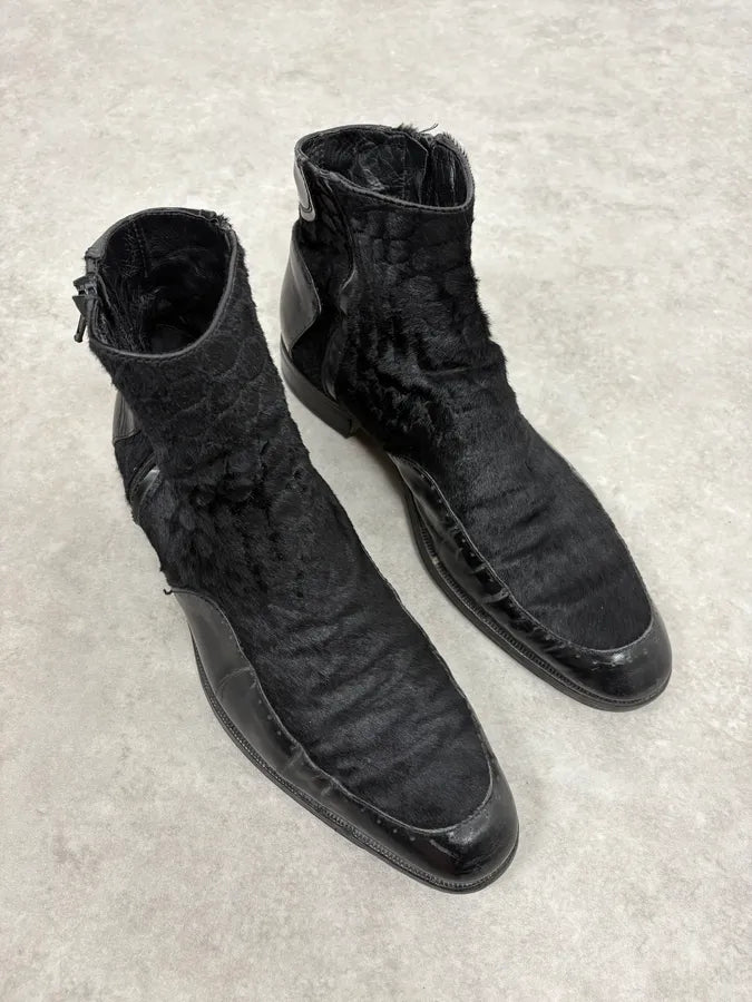 2000s Emporio Armani Pony Hair Black Leather Boots mYTjxeS 3