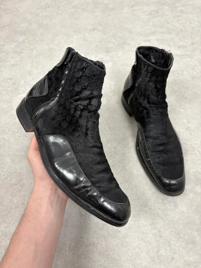 2000s Emporio Armani Pony Hair Black Leather Boots mYTjxeS 0