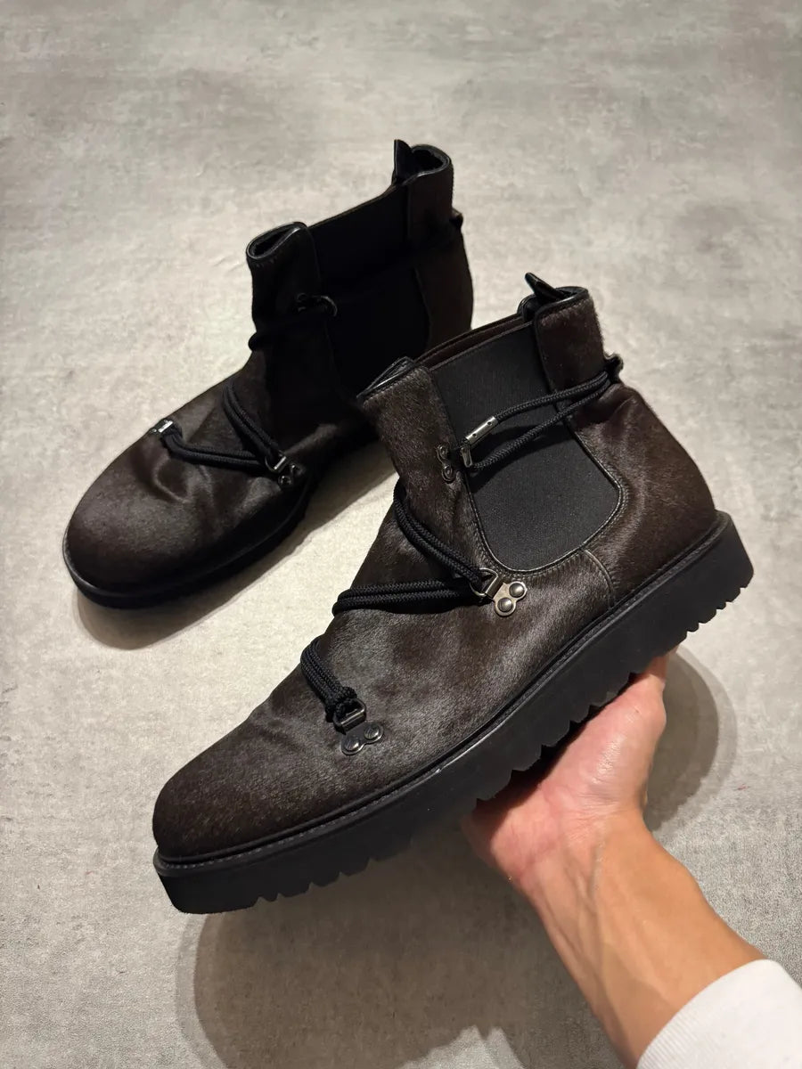 2000s Emporio Armani Pony Hair Laced Hiking Ankle Boots (44eu/us10) 0