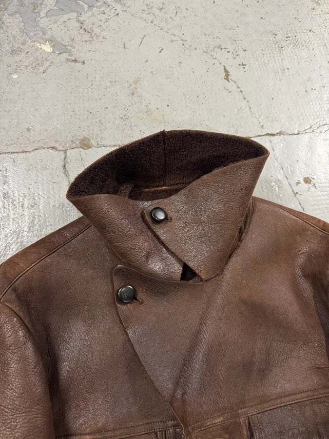 1990s Emporio Armani Pure Brown Aviator Shearling Leather Jacket DAyqzZz 4