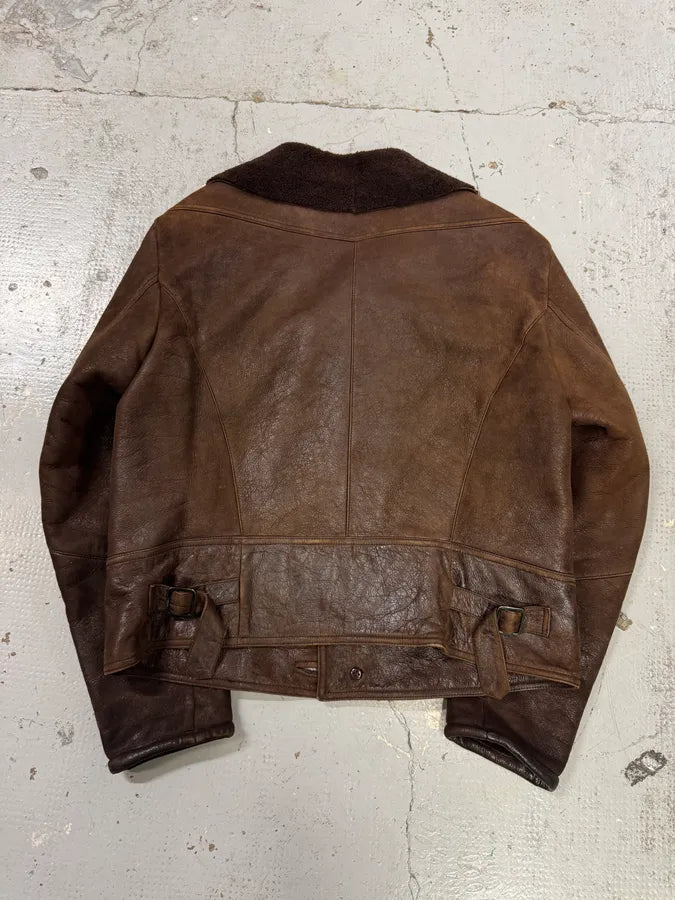 1990s Emporio Armani Pure Brown Aviator Shearling Leather Jacket DAyqzZz 5