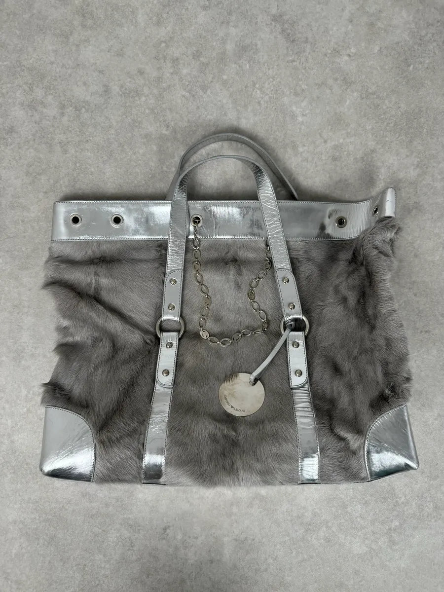 2000s Emporio Armani Silver Fur Leather Handle Bag kNtPYaH 0