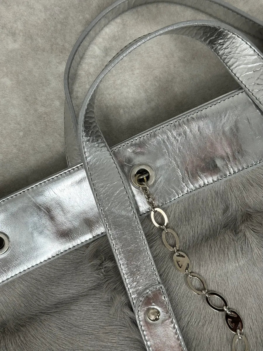 2000s Emporio Armani Silver Fur Leather Handle Bag kNtPYaH 3
