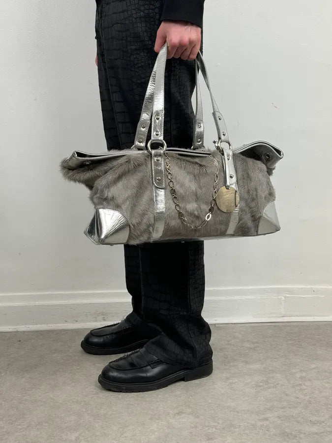 2000s Emporio Armani Silver Fur Leather Handle Bag kNtPYaH 1