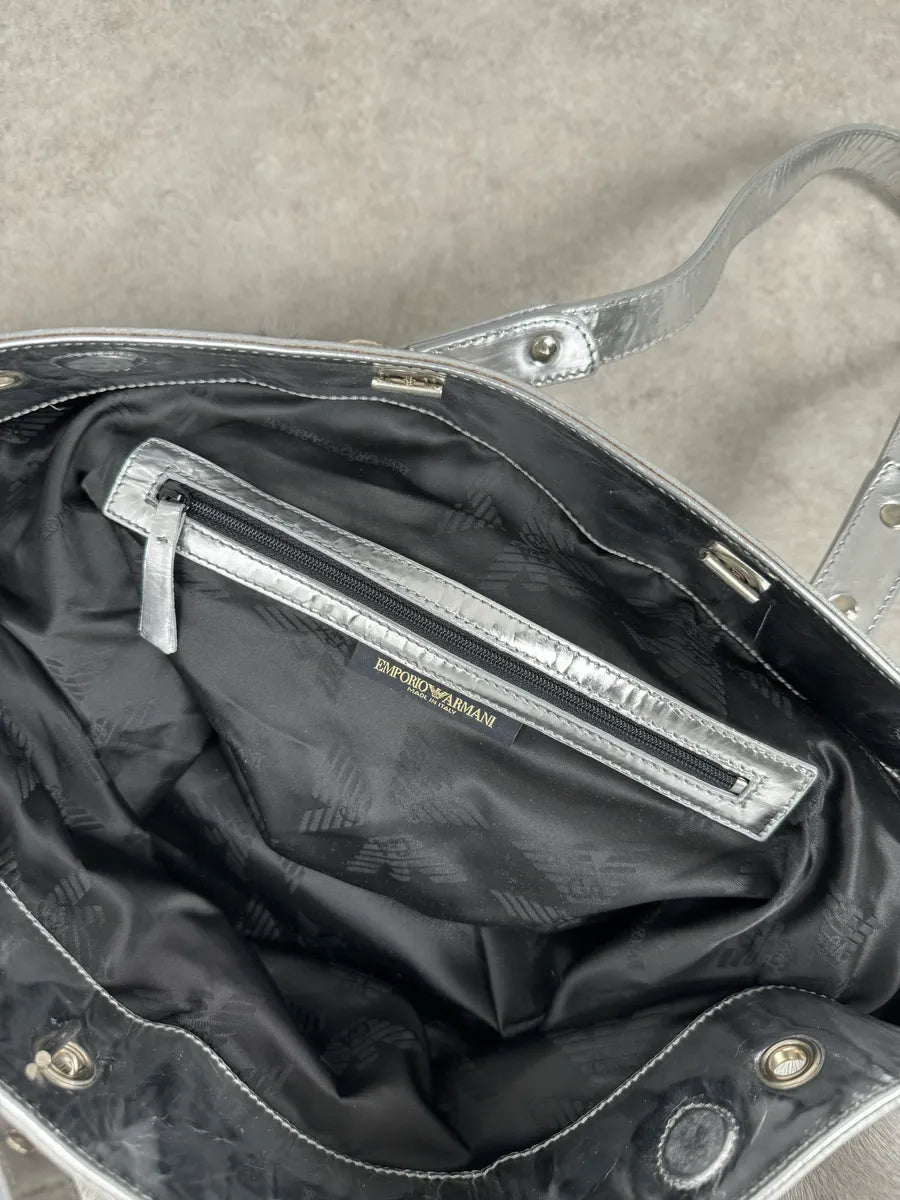 2000s Emporio Armani Silver Fur Leather Handle Bag kNtPYaH 8