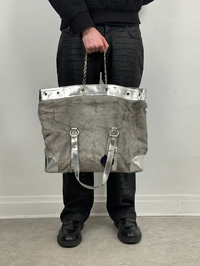 2000s Emporio Armani Silver Fur Leather Handle Bag kNtPYaH 2