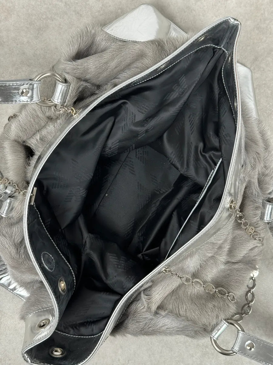 2000s Emporio Armani Silver Fur Leather Handle Bag kNtPYaH 5
