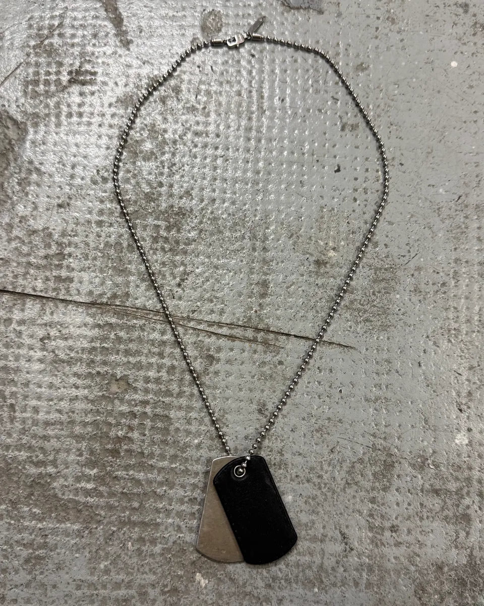 2000s Emporio Armani Sliver & Leather Dog Tags Ball Chain Necklace zajadTV 0