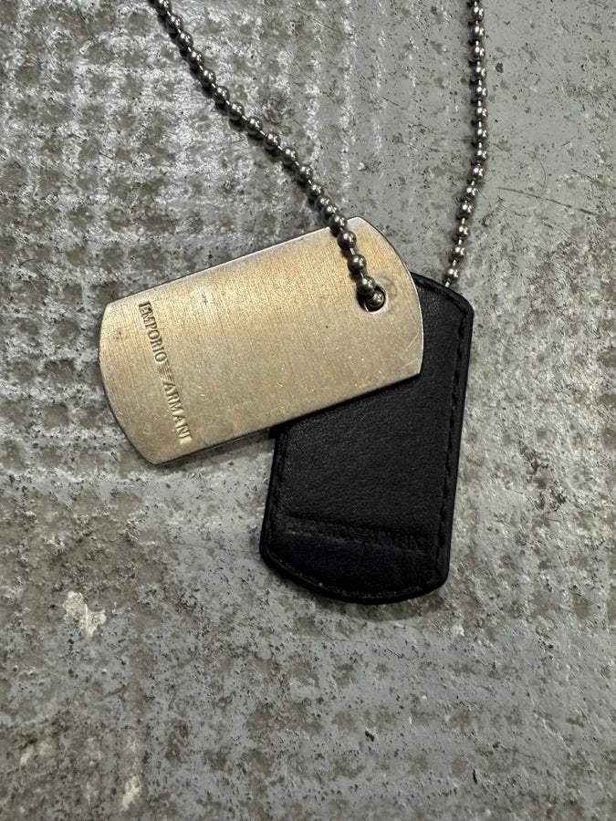 2000s Emporio Armani Sliver & Leather Dog Tags Ball Chain Necklace zajadTV 1