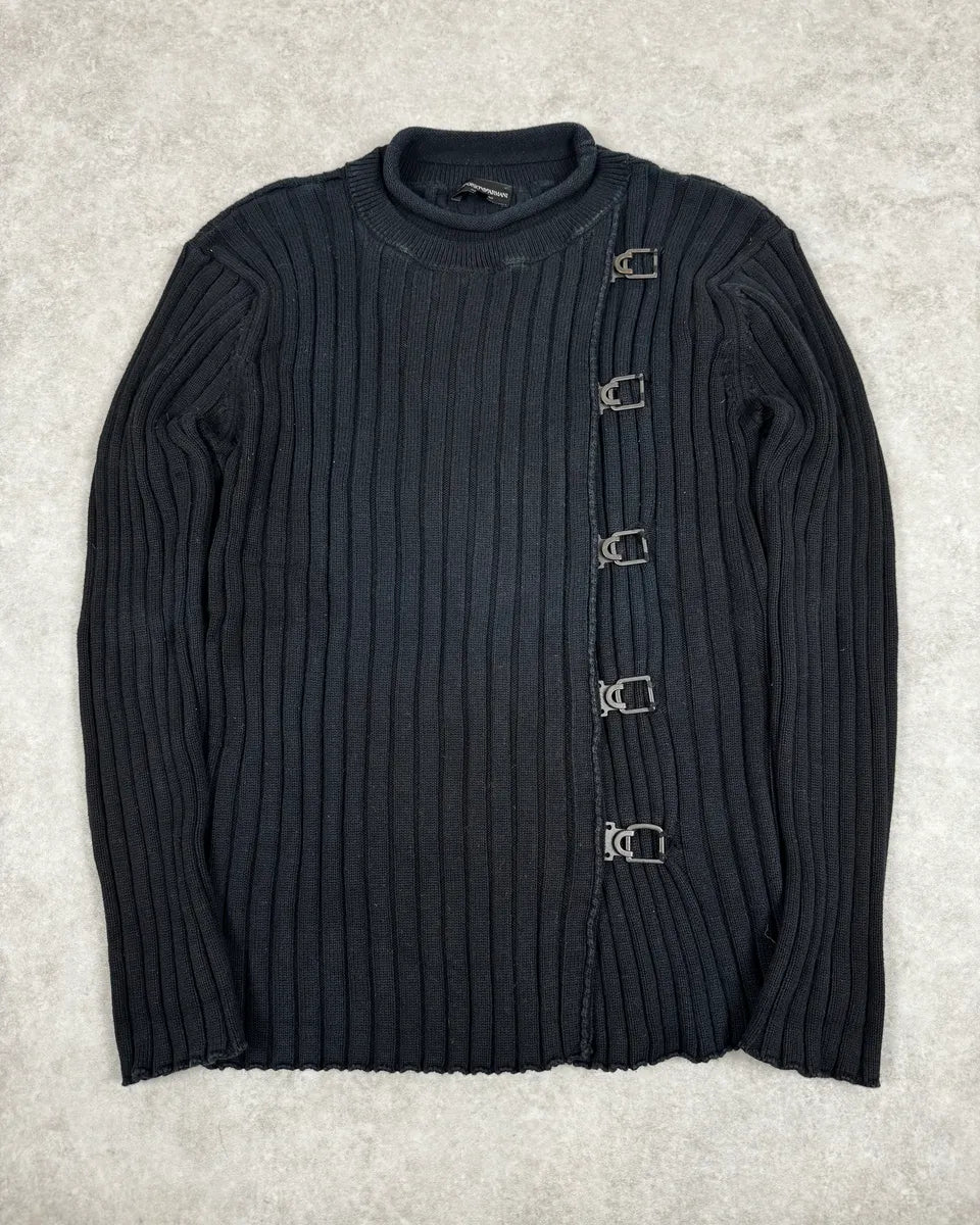 2000s Emporio Armani Straps Asymmetrical Black Sweater XWacBWr 0