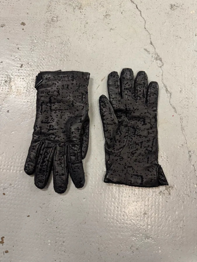 2000s Emporio Armani Velvet Dots Black Leather Gloves LTarncj 1