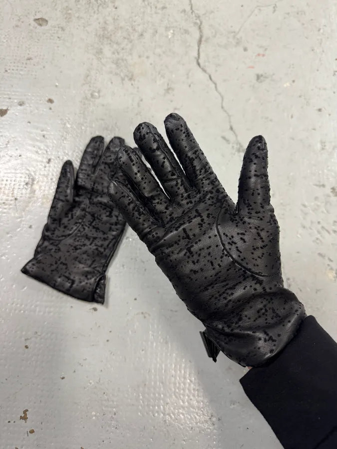 2000s Emporio Armani Velvet Dots Black Leather Gloves LTarncj 2