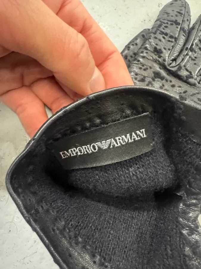 2000s Emporio Armani Velvet Dots Black Leather Gloves LTarncj 6