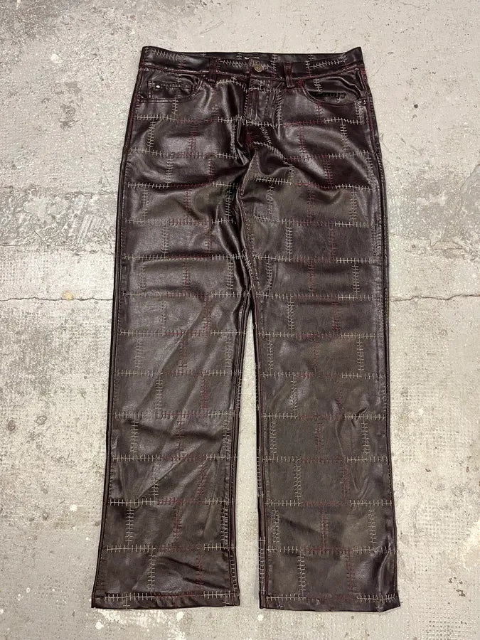 2000s Energie Brown Embroidered Leather Pants (M) 0